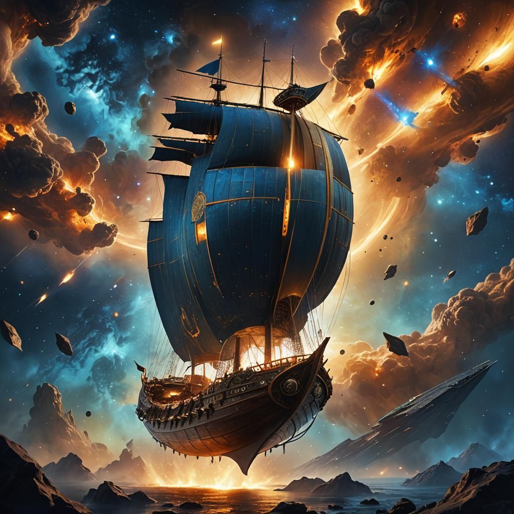 Viking Space Longship Concept Art in Nebula