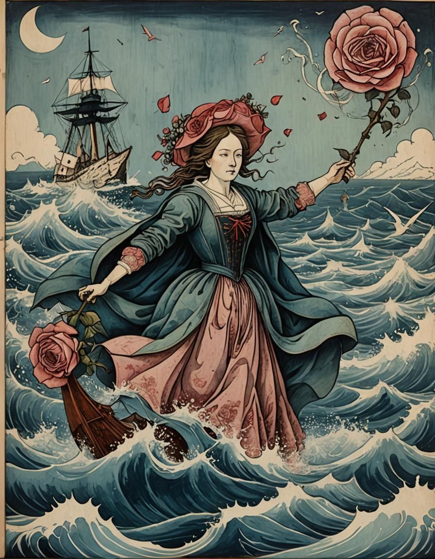 Rose from Titanic: Nabi-Style Woodblock Print
