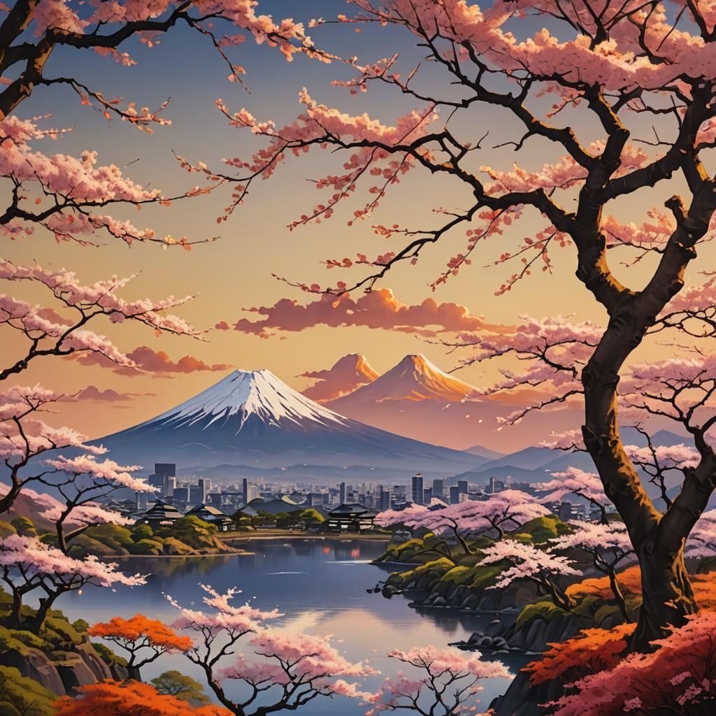 Serene Japanese Fuji Landscape in Matte Painting Style