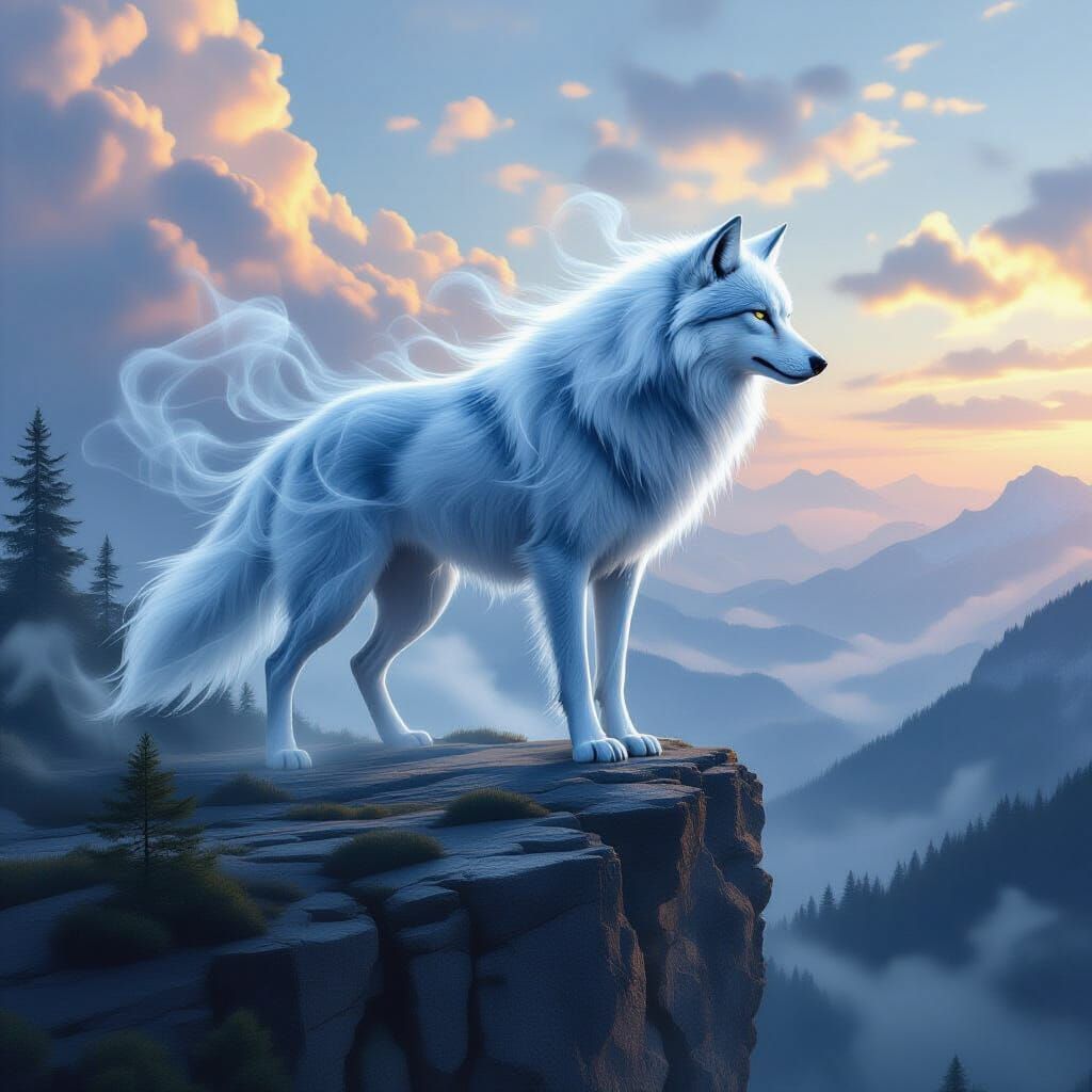 Ethereal Smoke Wolf Overlooking Forest, Oil Painting