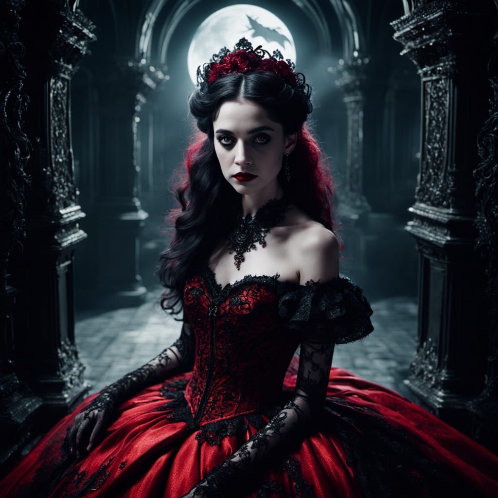 Woman in Red Gown with Glitter in Tim Burton Style