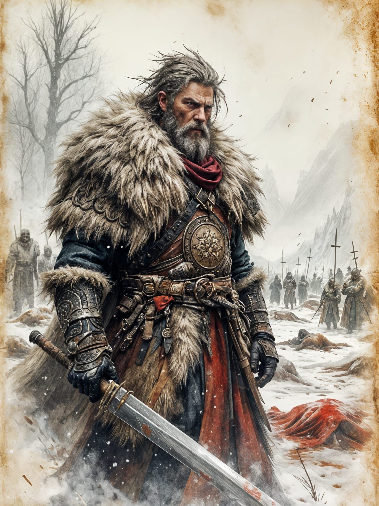 Viking Warrior in Snowy Battlefield