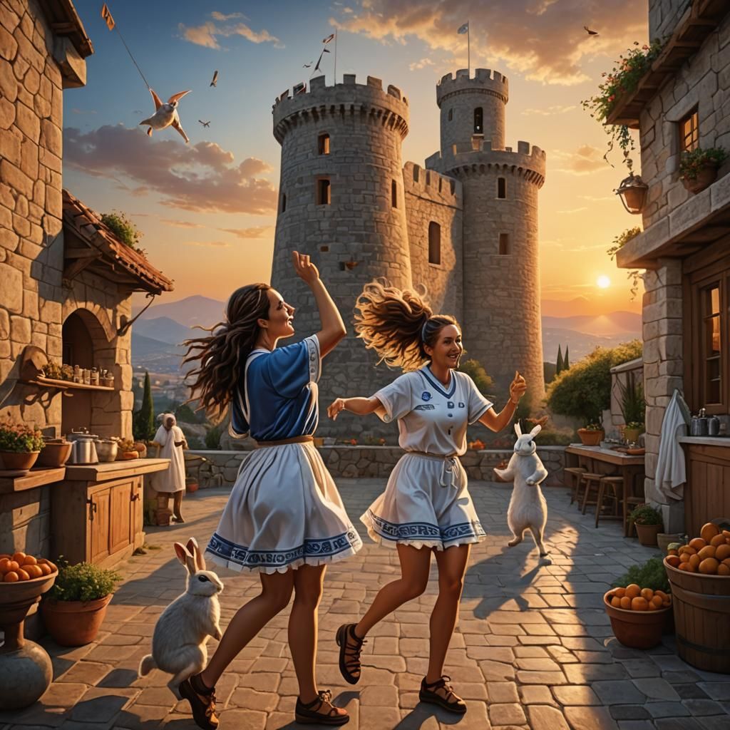 Female Team Celebrates Goal in Surreal Sunset