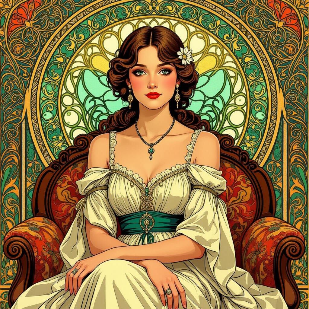 Elegant Woman in Ornate Room: An Art Nouveau Style Portrait