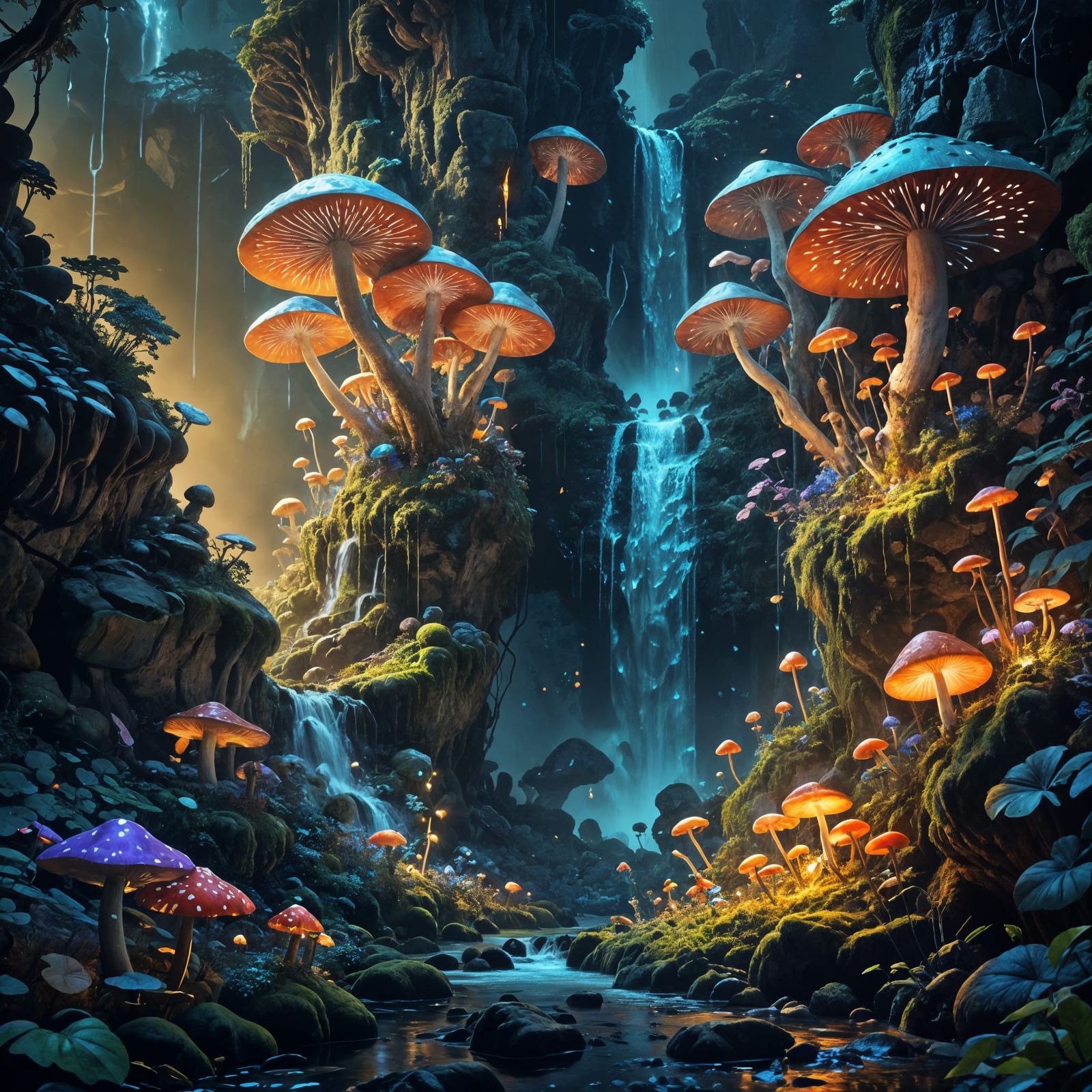 Mystical Mushroom Grove with Waterfall, Fantasy Art
