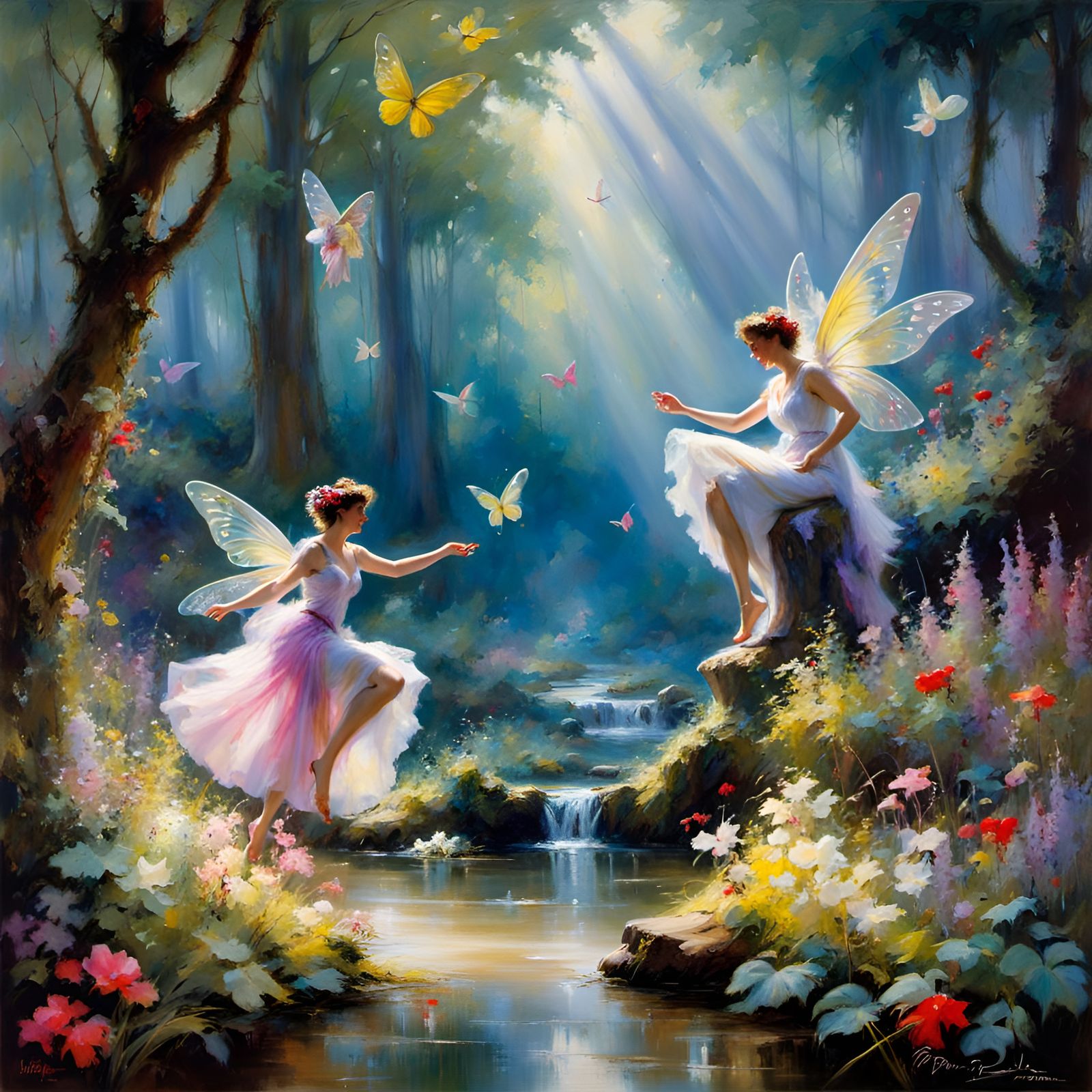Barefoot Fairies in enchanted forest, hyperdetailed, hyperdetailed, hyperrealistic