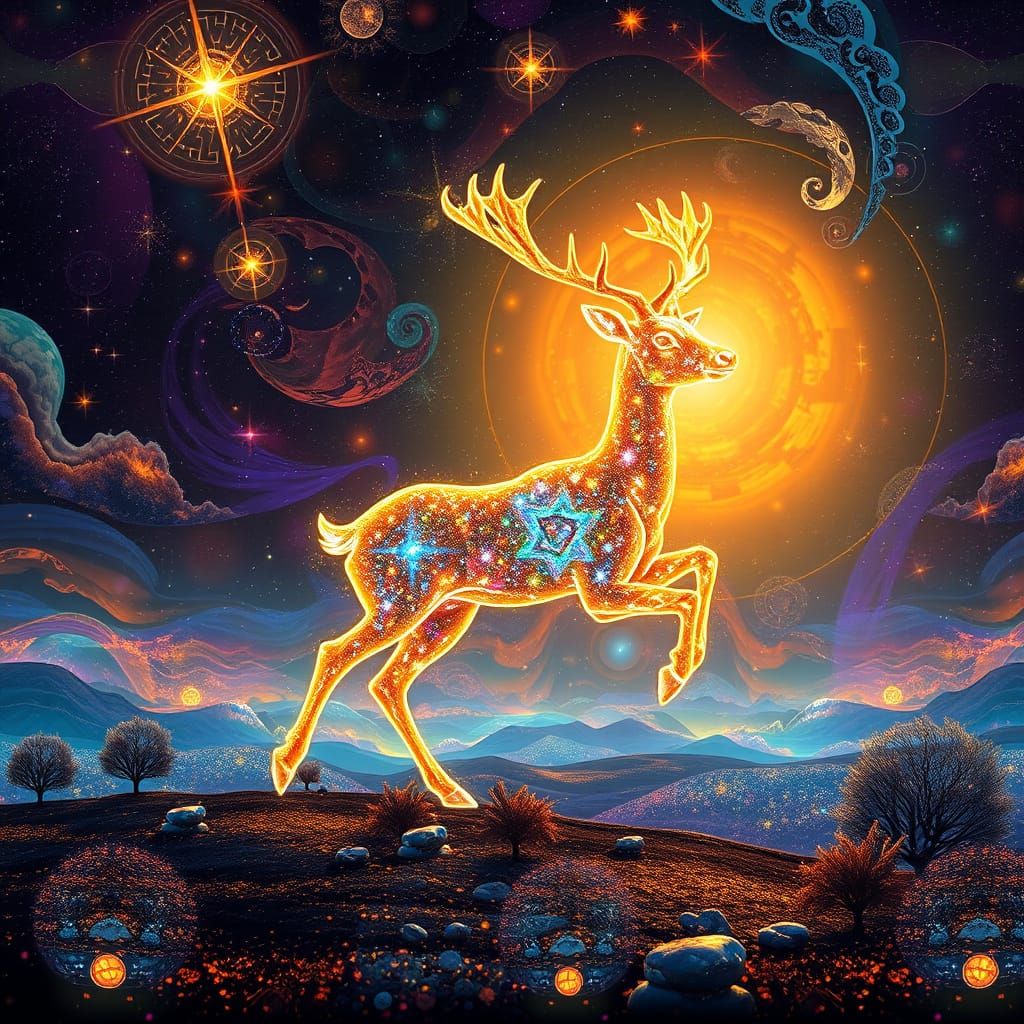 Luminous Stardust Deer in Dreamlike Landscape