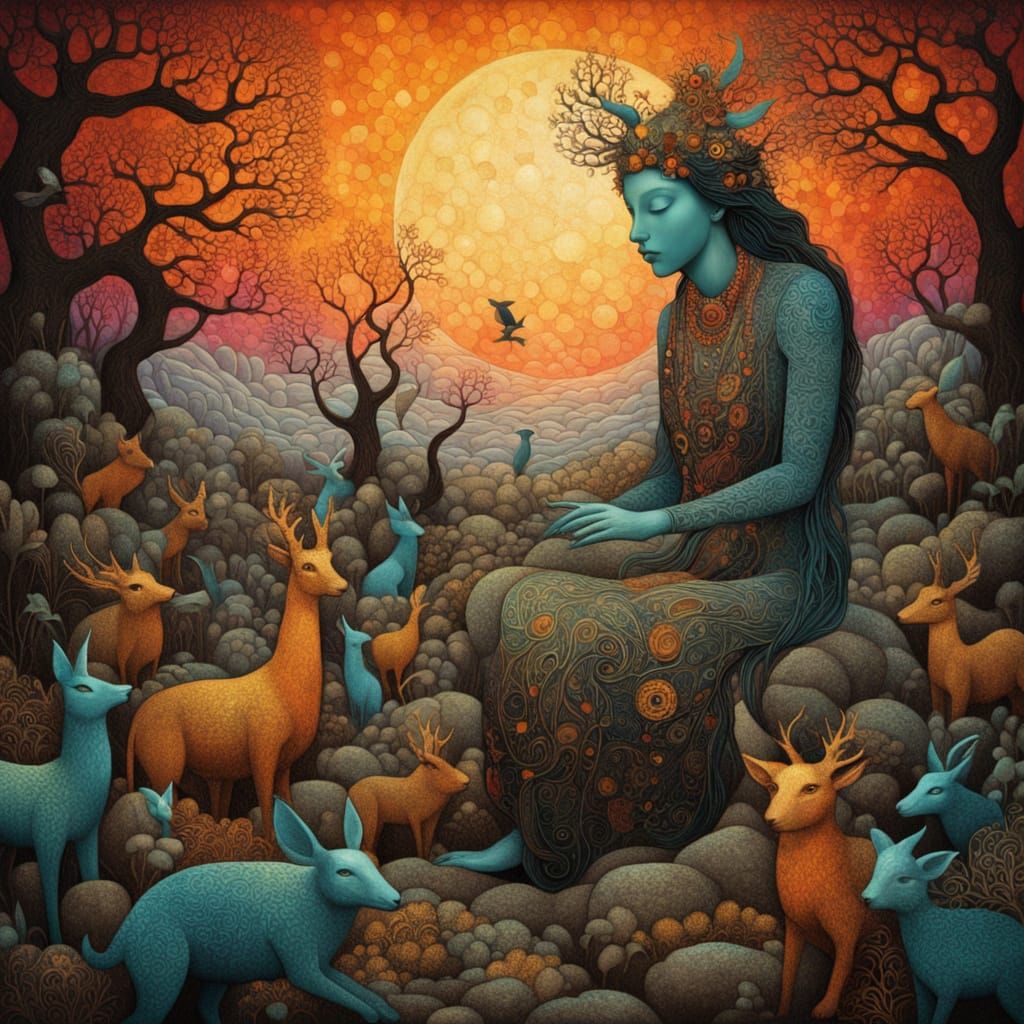 Shaman Assembling Music Sculpture in Dreamlike Fantasy Style