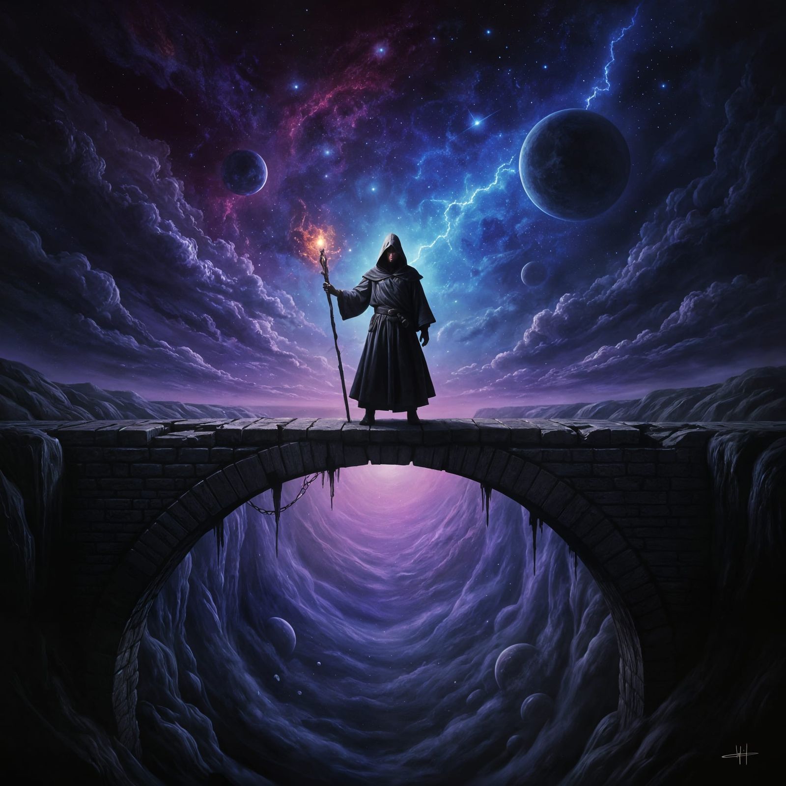 Mysterious Figure on Cosmic Bridge, Hyperrealistic Oil Paint...