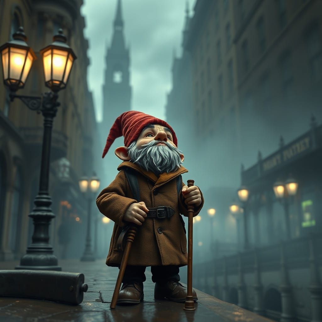 Gnome Traveler Contemplates Urban Wonders in Retro Atmospher...
