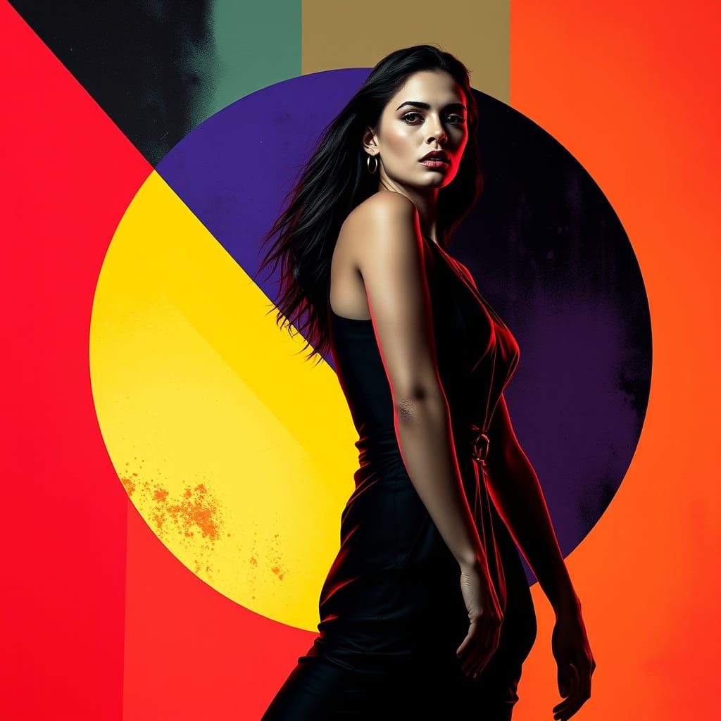 Woman in Black Jumpsuit Amidst Geometric Shapes