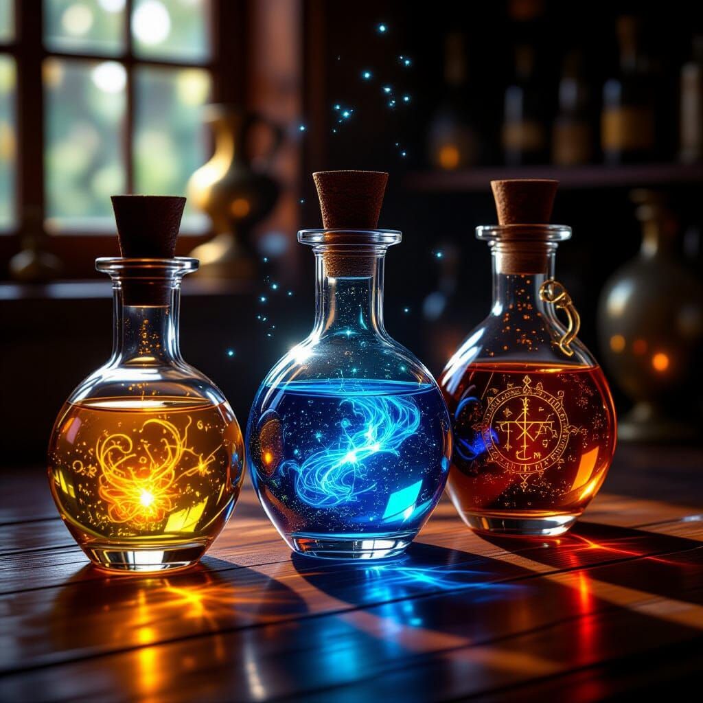 Shimmering Alchemical Brews in Ornate Vials