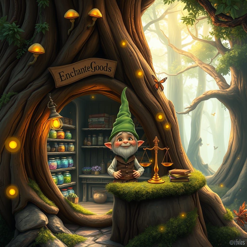 Whimsical Gnome Runs Enchanted Goods Inside Hollowed Tree
