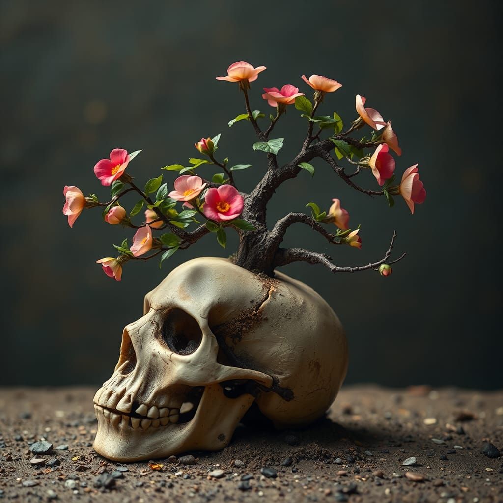 Surreal Bonsai Floral Plant Growing on Skull