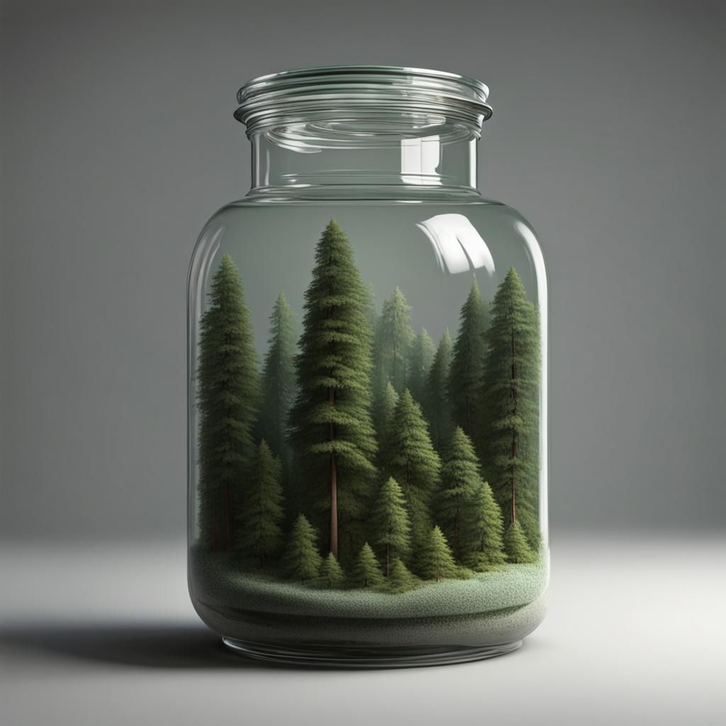 Large glass jar holding a forest, bornate, extremely detailed, hyperrealistic, cinema 4d.