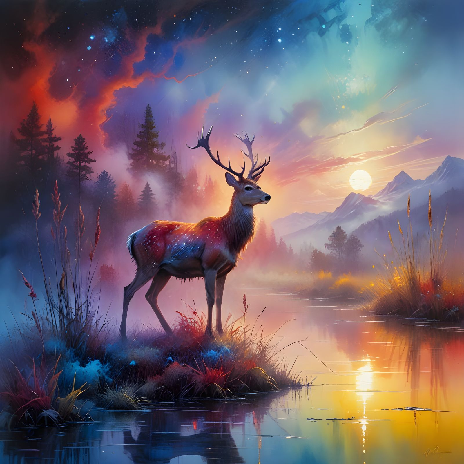 Ethereal Deer by Majestic Pond Under Starry Night Sky