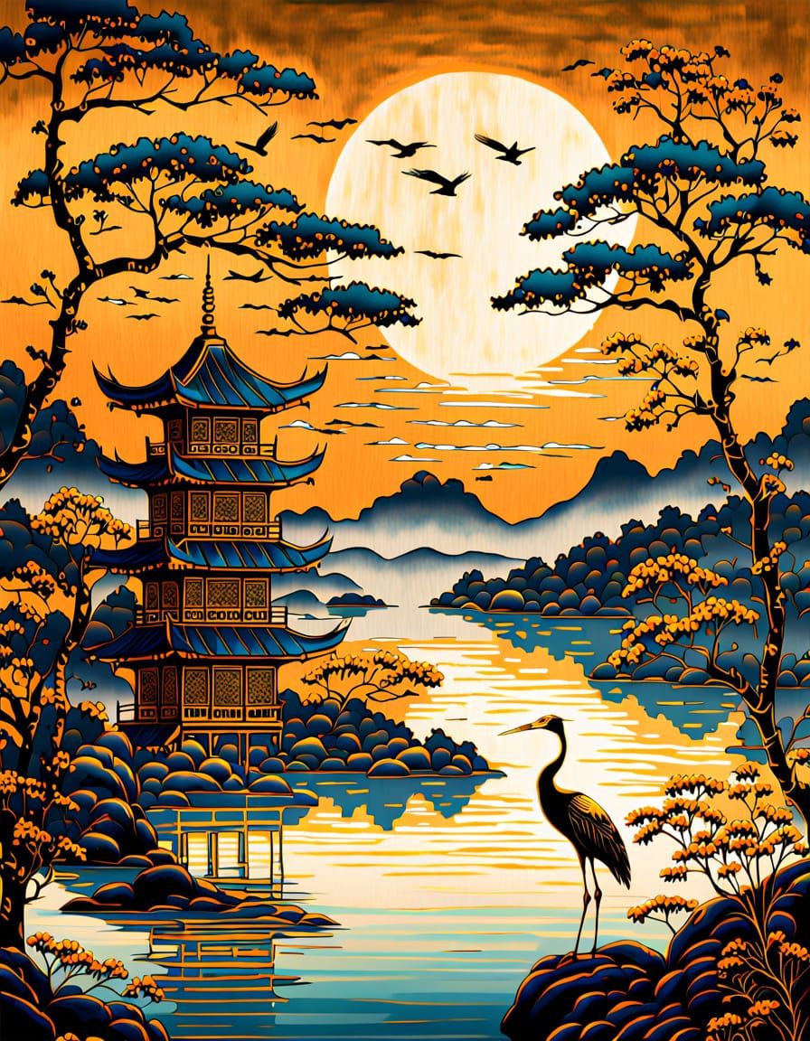 East Asian Lacquer Art: Serene Sunset Landscape