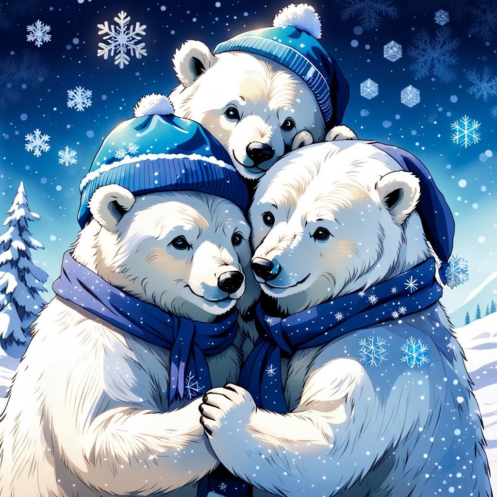 Polar Bear Hug in Sparkling Snow, Anime Style