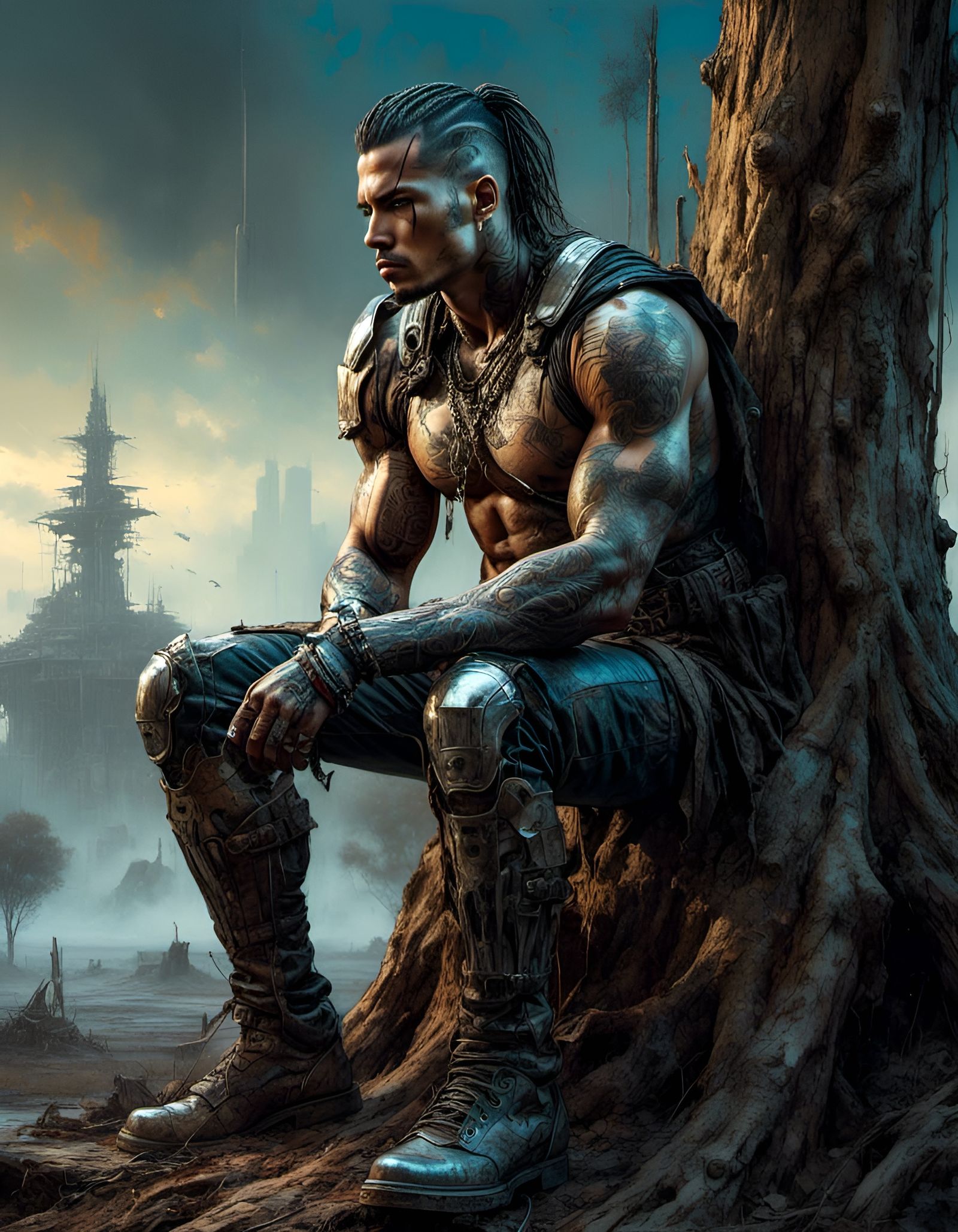 Cyborg Warrior Contemplates in Dystopian Landscape