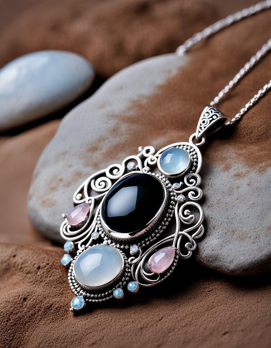 Intricate delicate silver pendant with inlaid pale blue moonstones light pink rose quartz and dark black onyx gemstones
