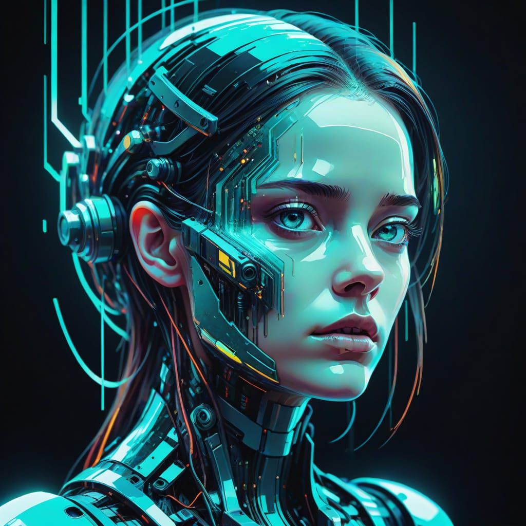 Cybernetic Woman in Glitch Art Style with Neon Distortion
