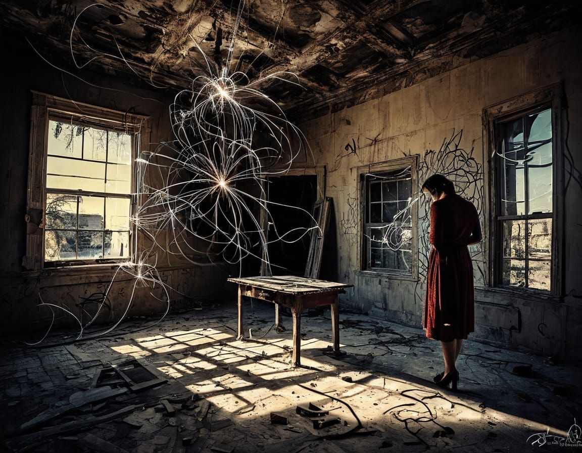 sad woman all alone exploding worlds of decrepit old shabby ...