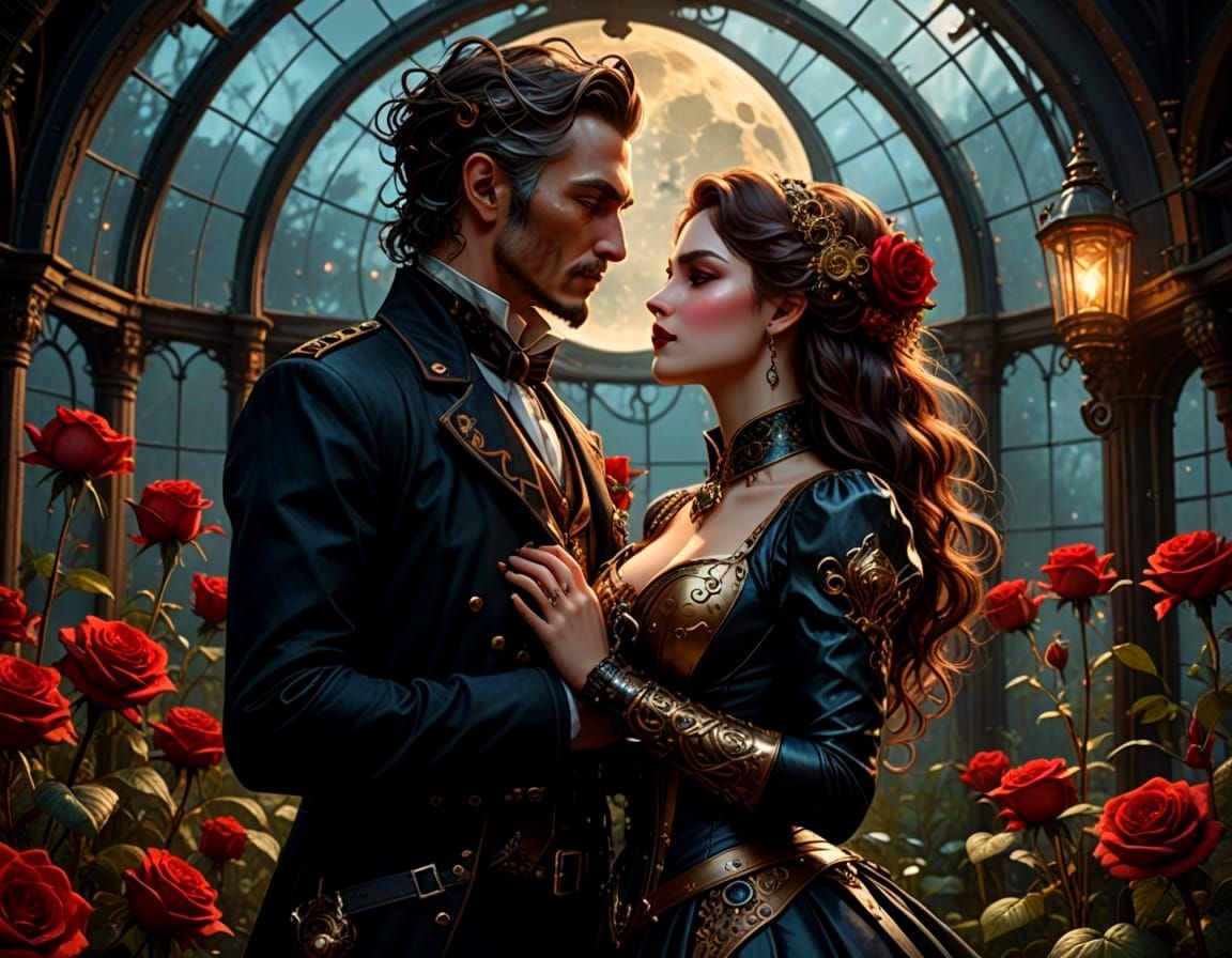 Steampunk Couple's Secret Kiss in Ethereal Greenhouse