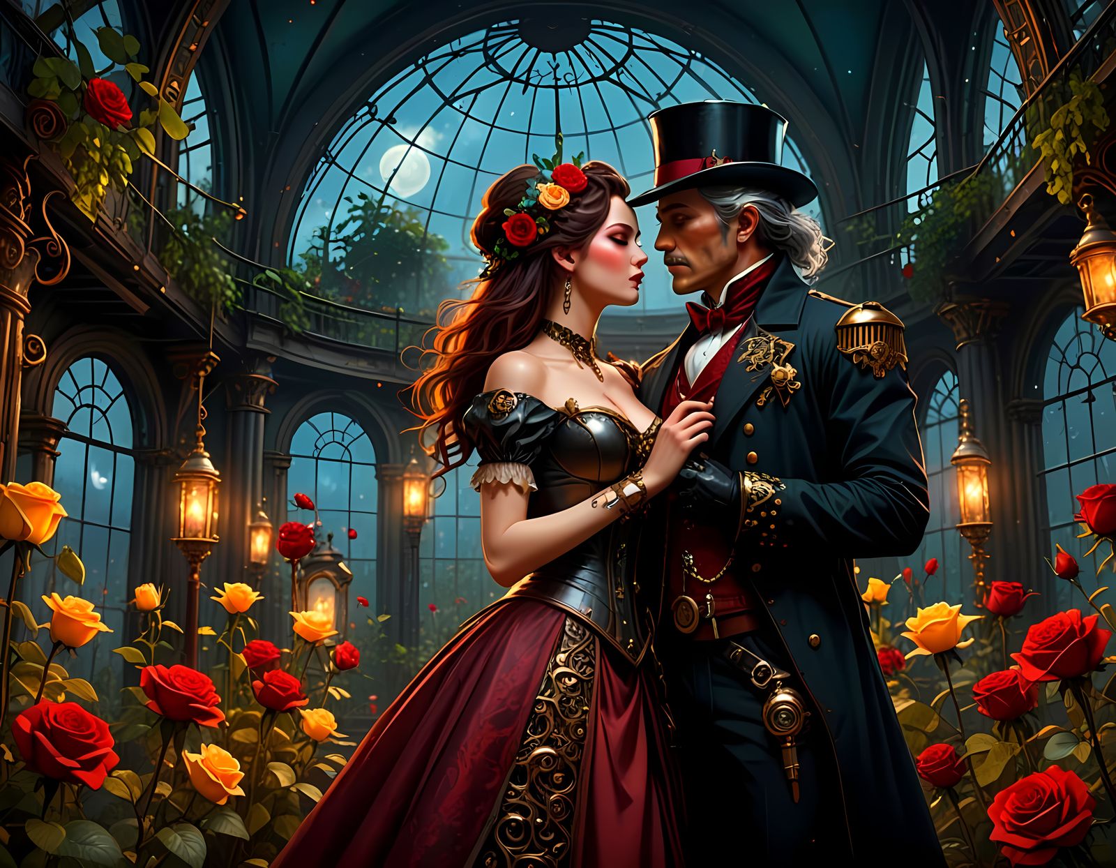 Steampunk Couple's Secret Kiss in Abandoned Greenhouse