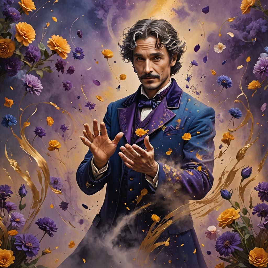 Magician Conjuring Flowers in a Mystical Mist