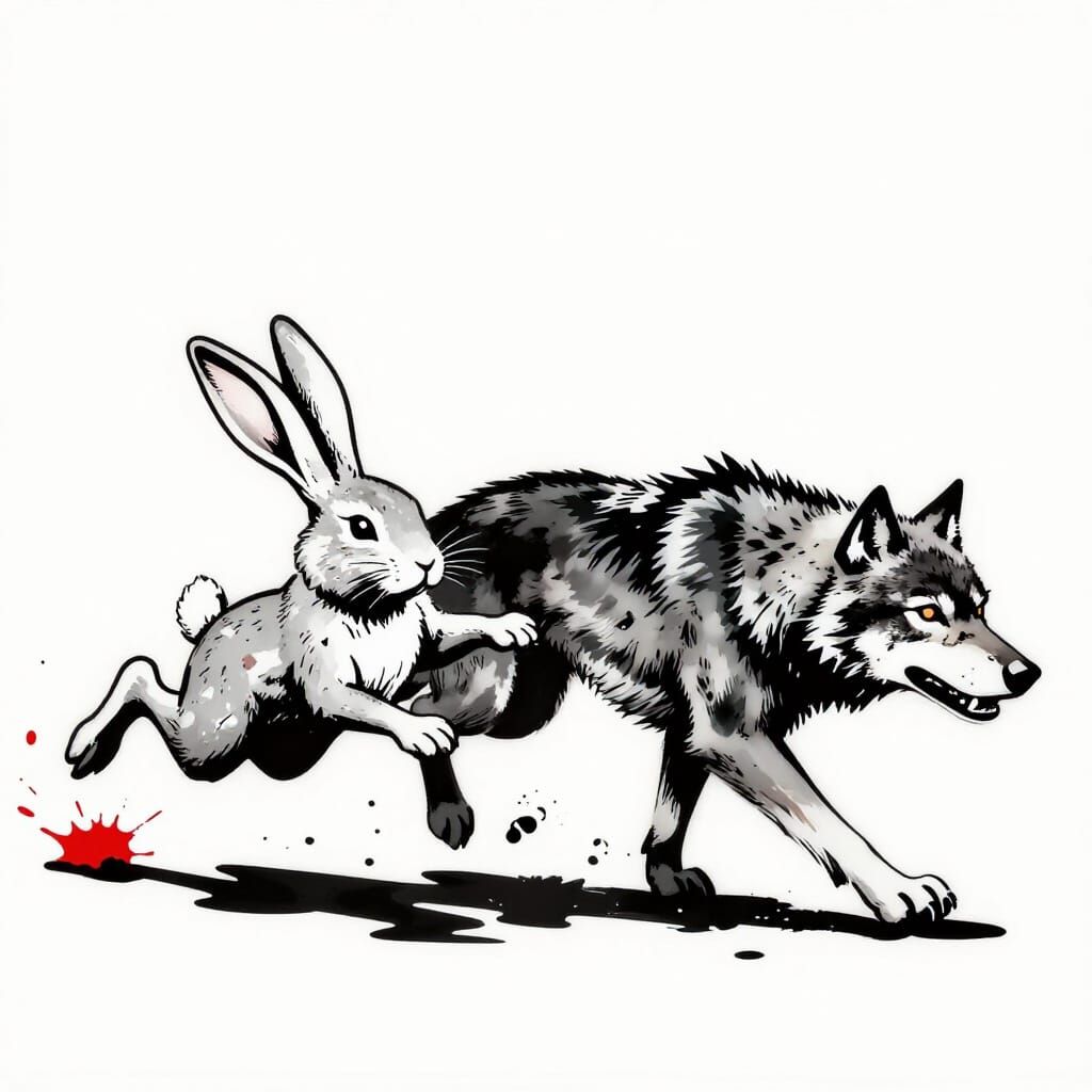Rabbit Flees Wolf in Stylized Stencil Art