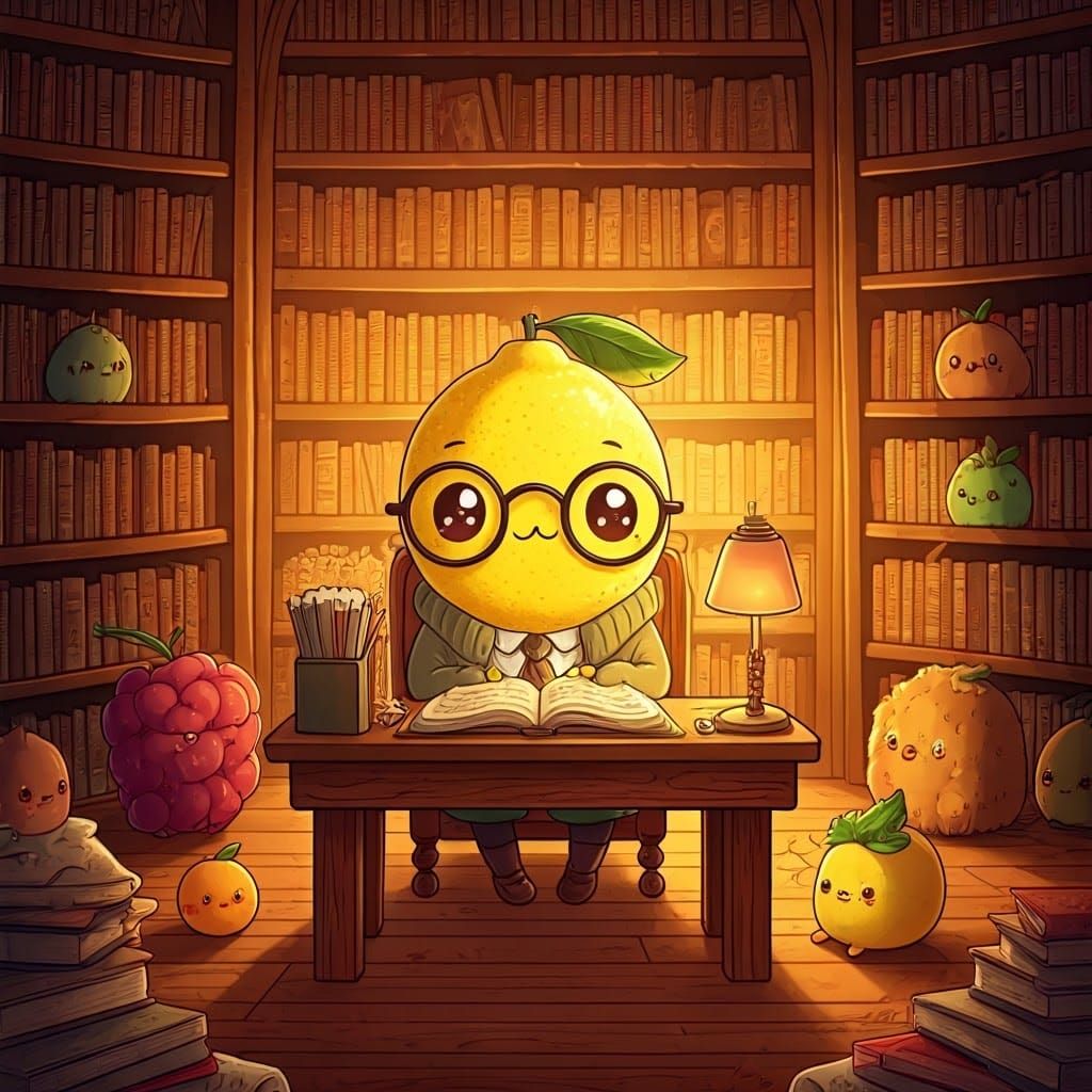 Chibi Lemon Librarian in Whimsical Library Landscape