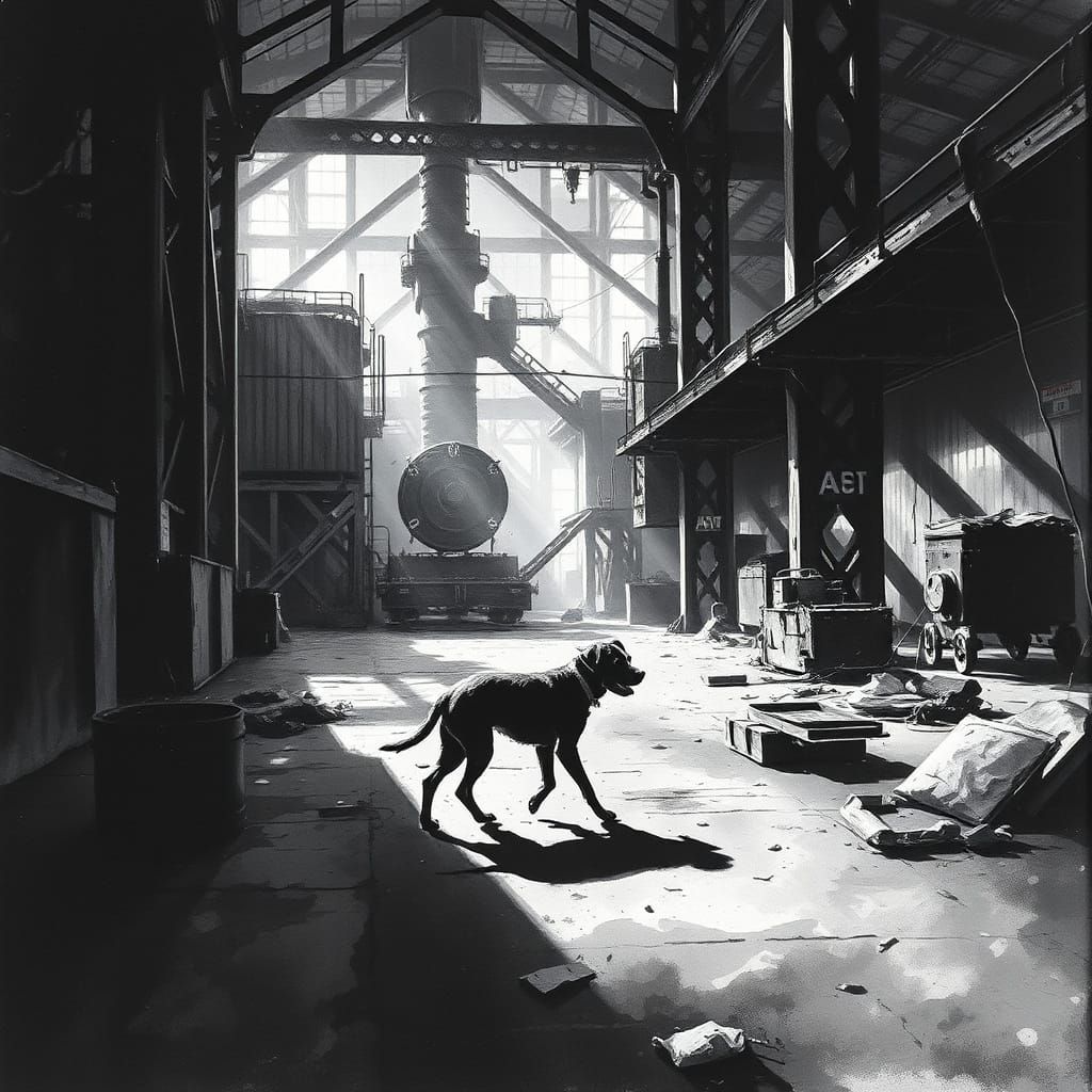 Stray Dog in 1920s Steel Mill: Black and White Art