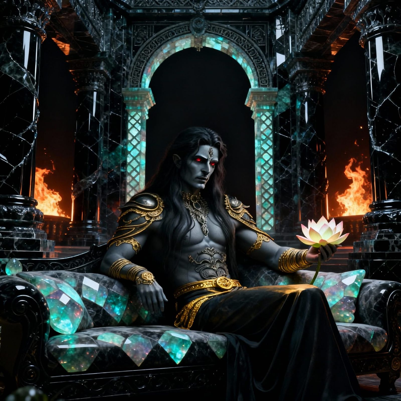Hades, God of the underworld, sitting on a couch in his obsi...