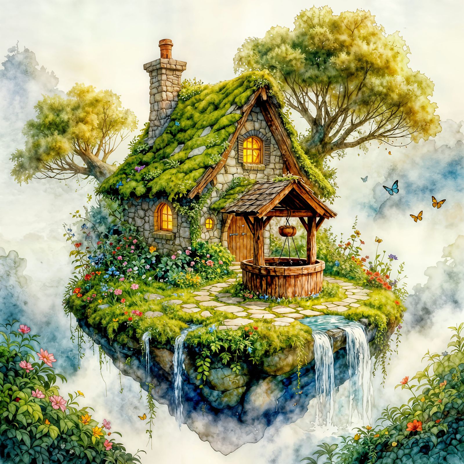 Mossy Cottage on Floating Island with Waterfall