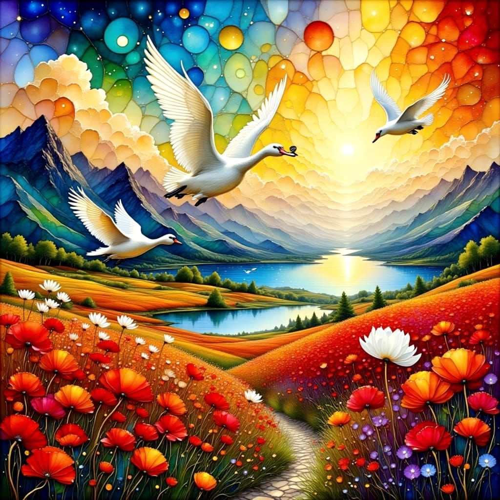 Swans Over Poppy Field in Alcohol Ink Style
