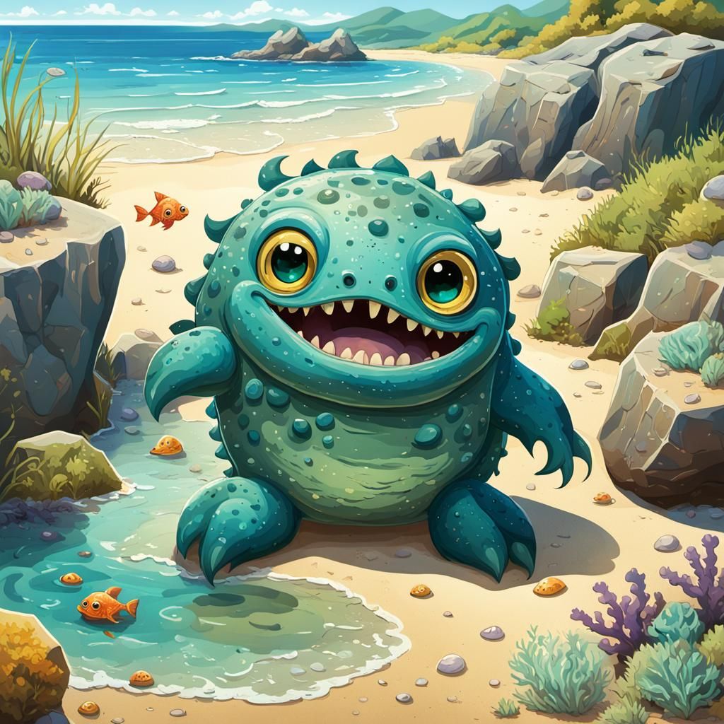 Charming Sea Monster Playing Hide-and-Seek: 3D Digital Art