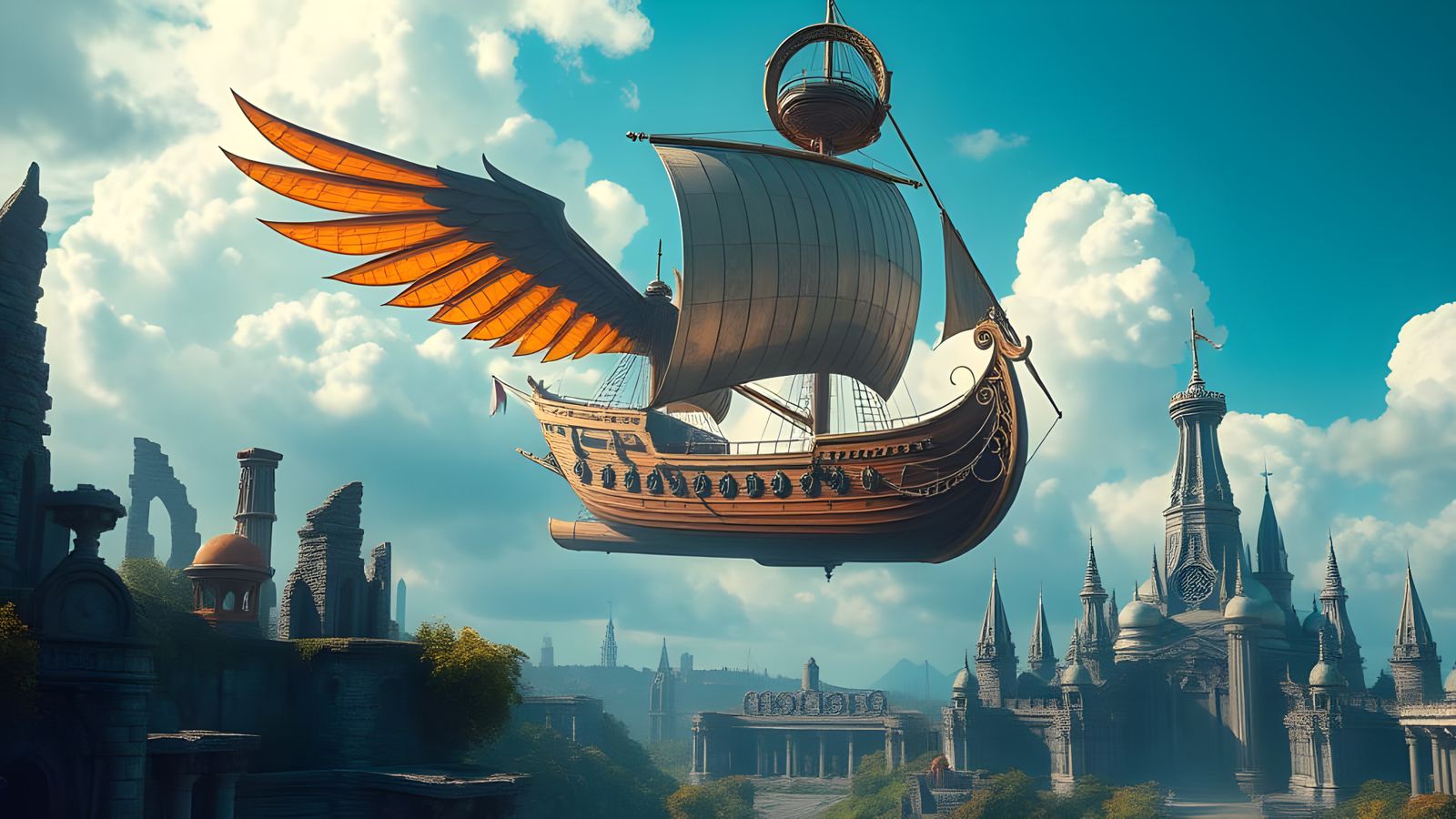Surreal Galleon Soars Above Forgotten Tech Ruins in a Fantas...