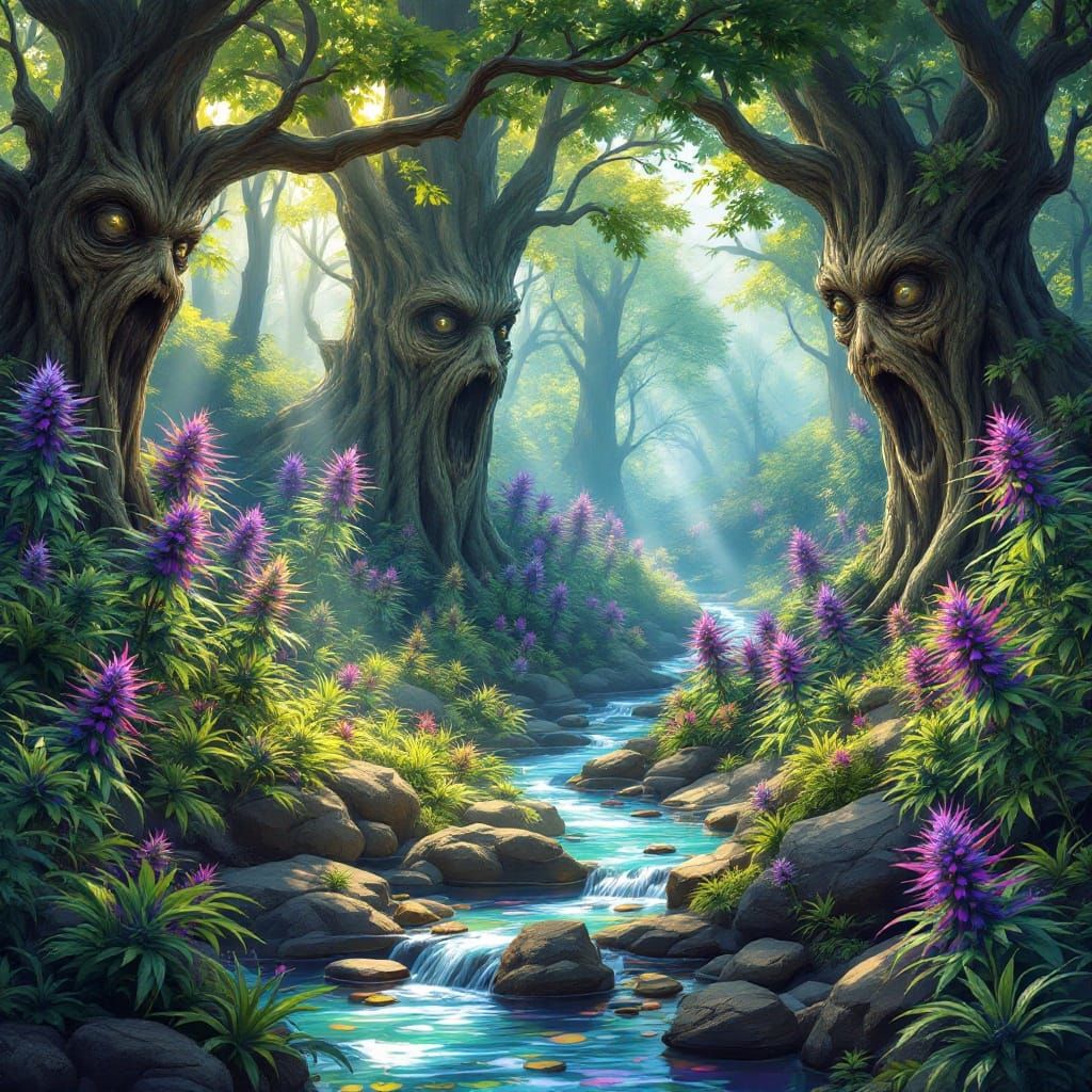 Enchanted Forest with Marijuana Plants, Digital Art