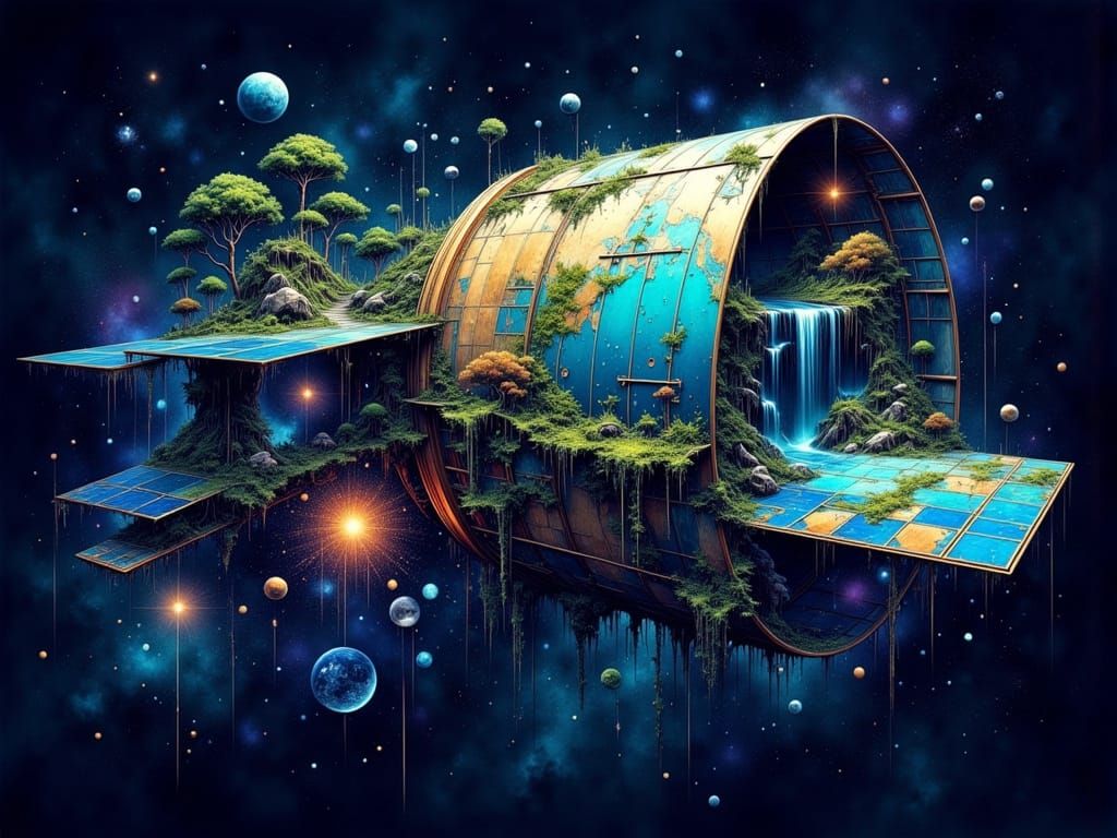 Miniature Earth Growing from Satellite Panels