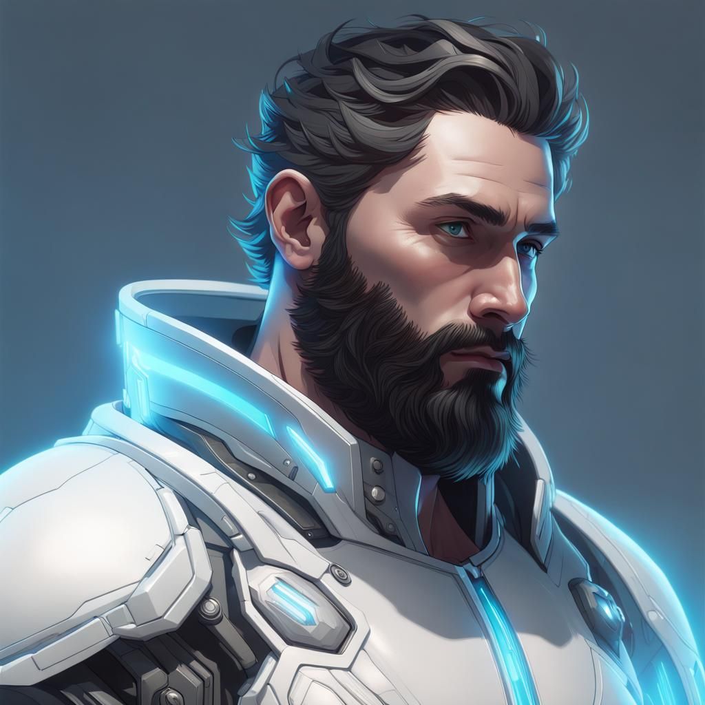 Sad Man in Futuristic Armor: Digital Portrait