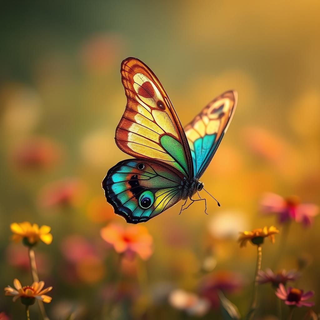 Iridescent Butterfly Flight in Dreamy Flower Field