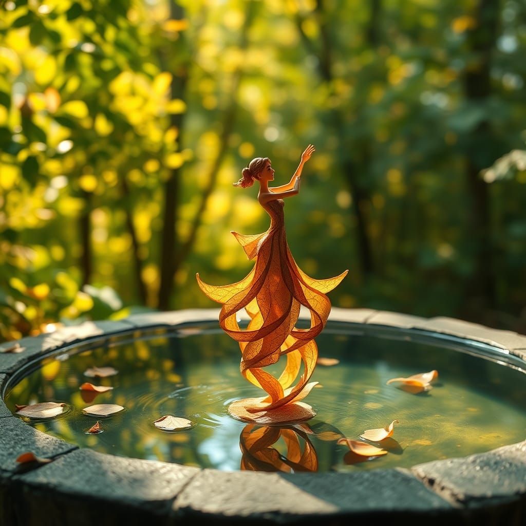 Ethereal Leaf Figures Dancing by Forest Pool