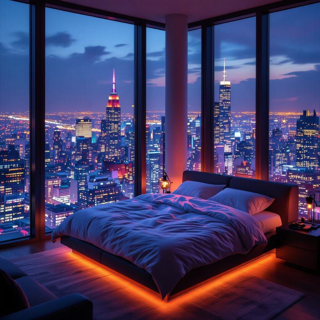 Cyberpunk Bedroom Overlooking Neon Cityscape