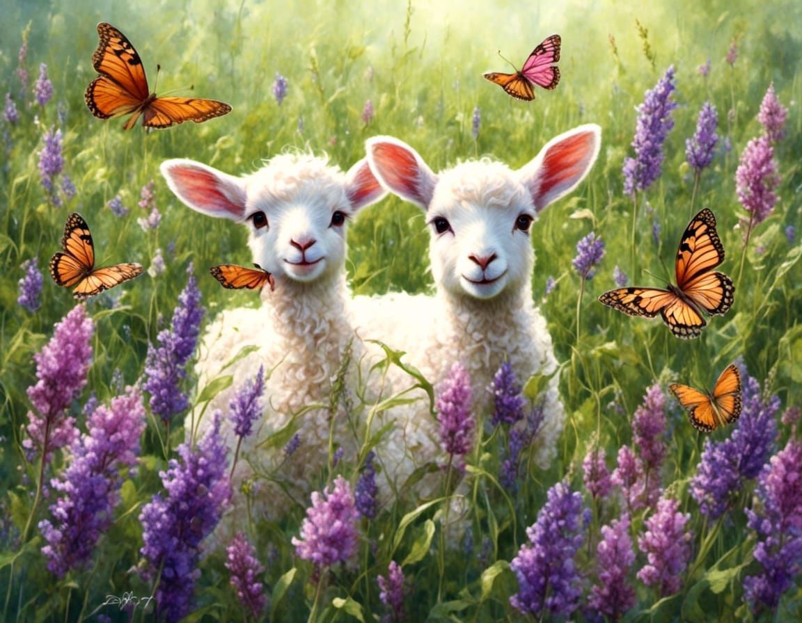 Lambs Grazing with Butterflies and Flowers