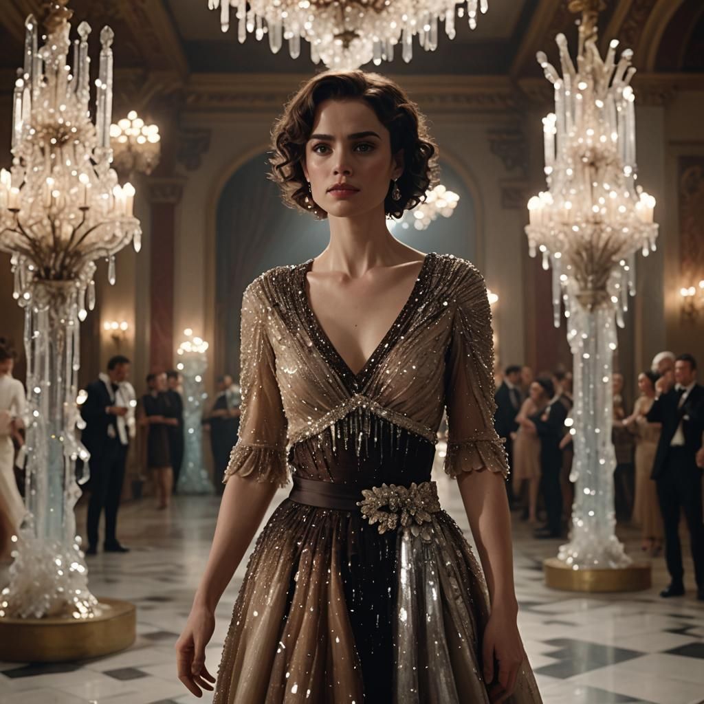 Woman in Crystal Dress in Ballroom, as Unreal Engine Render