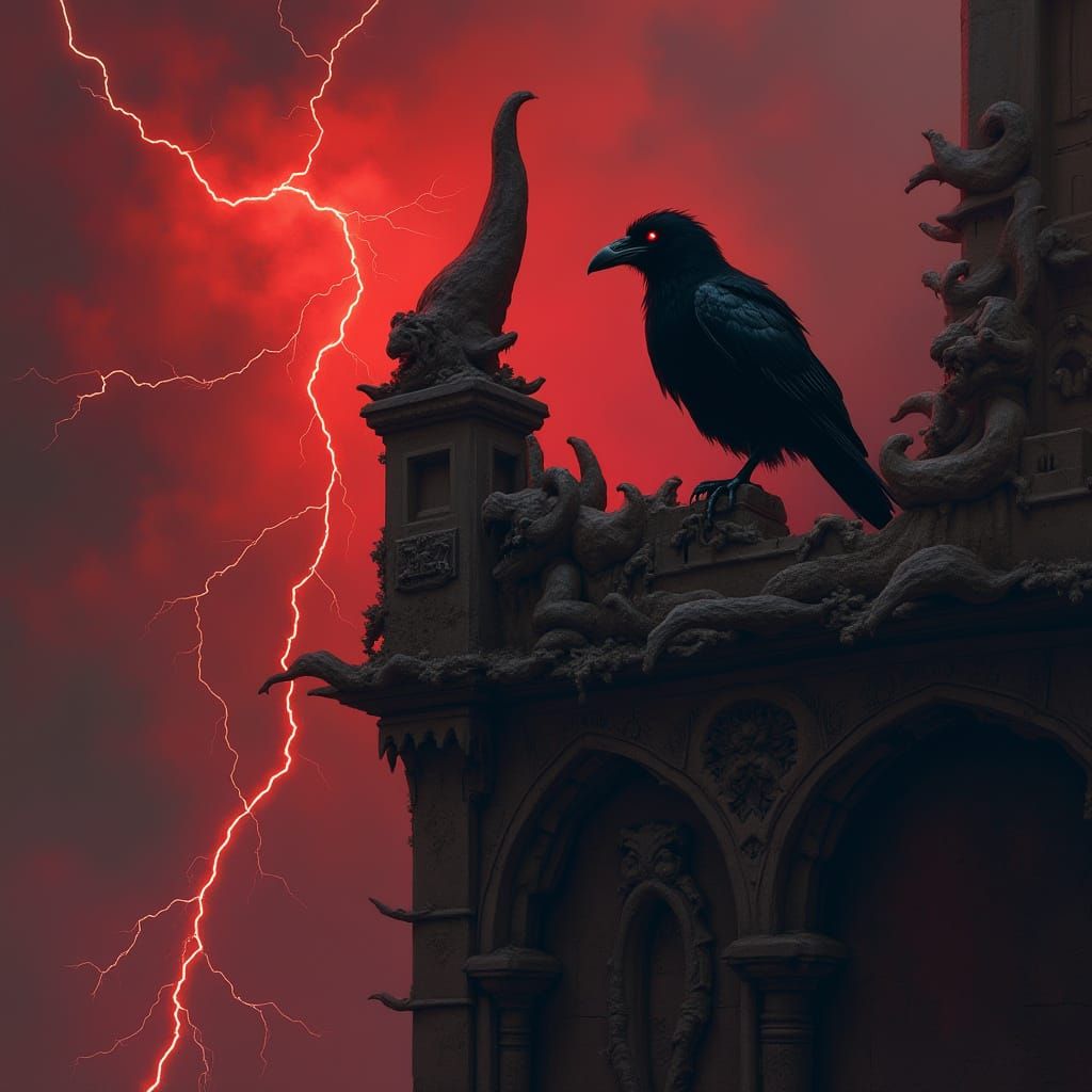 Spectral Raven Perched on Gothic Cathedral in Storm