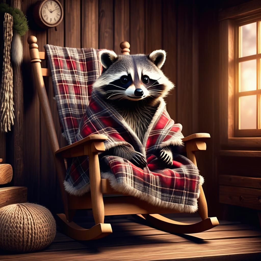 Kawaii Raccoon in Cabin, 3D Digital Art