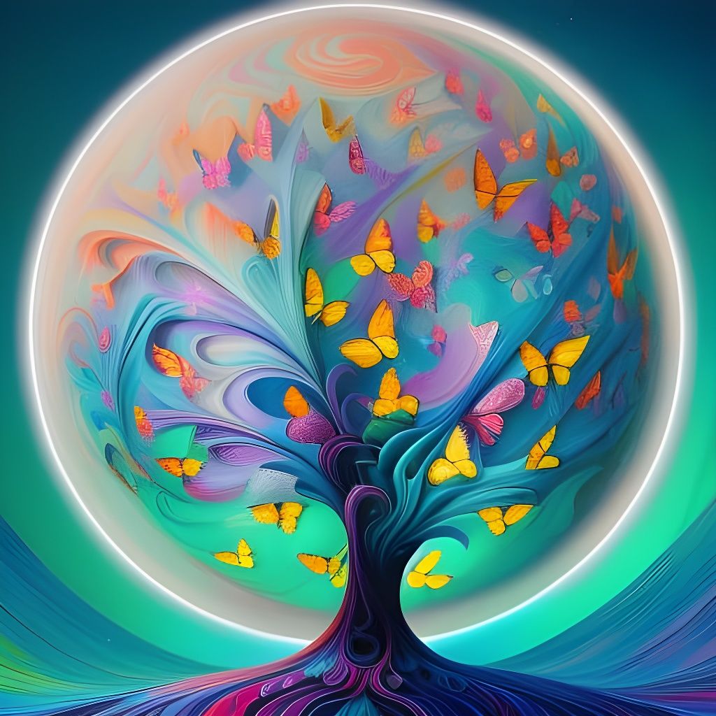 Crystal Ice Tree with Butterflies in Japanese Art Style