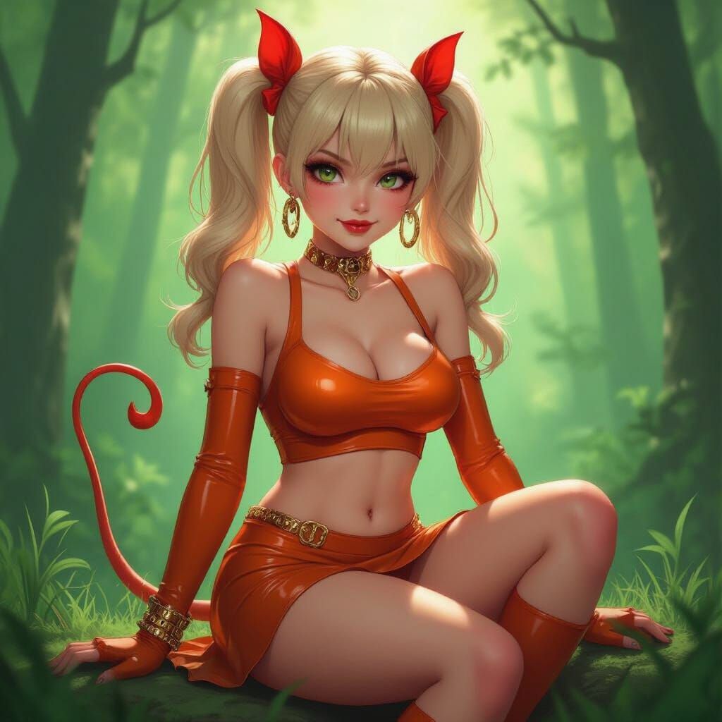 Blonde Evil Girl with Pigtails in Shiny Forest