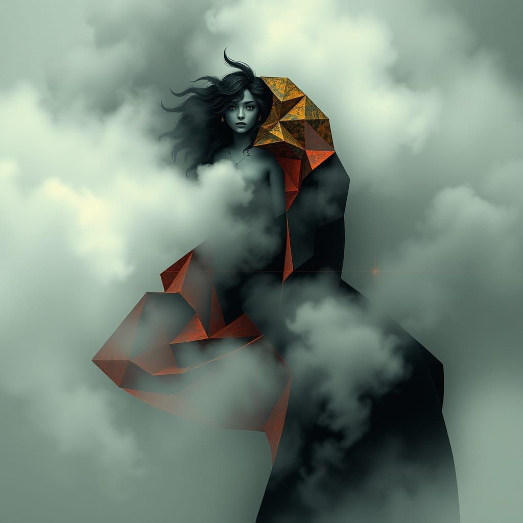 Cubist Figure Emerge from Fog in 8K Realism